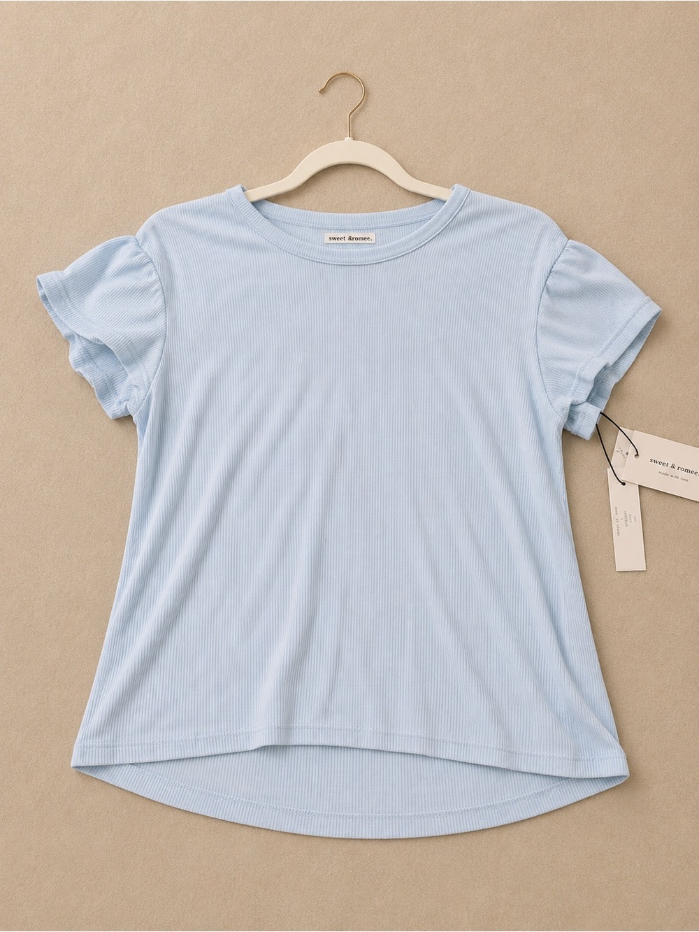 Sweet Romeo Pale Blue Ribbed Flutter Sleeve Tee